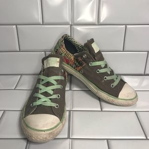 CONVERSE Junior Size 4 Gray Patchwork Sneakers With Mint Green Laces; Preloved